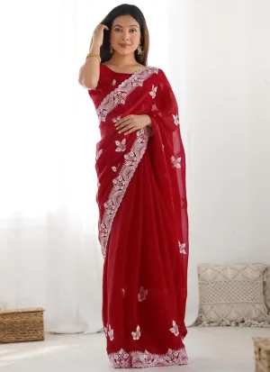 এক্সক্লুসিভ ইন্ডিয়ান ওয়েটলেস জর্জেট লাল এমব্রয়ডারি করা পার্টি শাড়ি