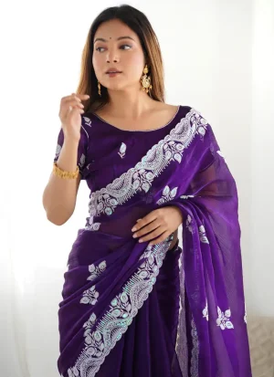 এক্সক্লুসিভ ইন্ডিয়ান ওয়েটলেস জর্জেট এমব্রয়ডারি করা পার্টি শাড়ি