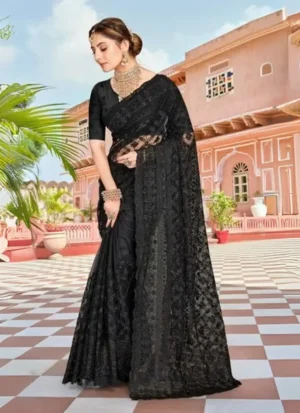 এক্সক্লুসিভ ইন্ডিয়ান ইন্ডিয়ান বিচিত্রা সিল্ক কালো এমব্রয়ডারি কাজ করা পার্টি শাড়ি