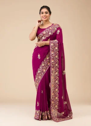 এক্সক্লুসিভ ইন্ডিয়ান ওয়েটলেস জর্জেট এমব্রয়ডারি করা পার্টি শাড়ি