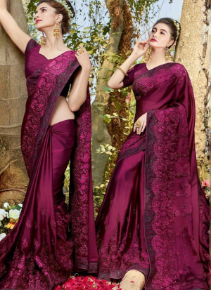 এক্সক্লুসিভ ইন্ডিয়ান ইন্ডিয়ান বিচিত্রা সিল্ক পার্পেল এমব্রয়ডারি কাজ করা পার্টি শাড়ি