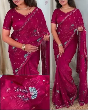 অরিজিনাল জিমি চু উচ্চমানের এমব্রয়ডারি ও সিকোয়েন্স ওয়ার্ক করা পার্টি শাড়ি