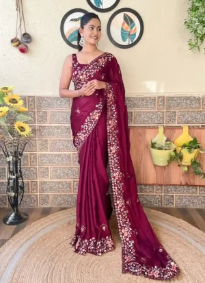 অরিজিনাল জিমি চু উচ্চমানের এমব্রয়ডারি ও সিকোয়েন্স ওয়ার্ক করা পার্টি শাড়ি