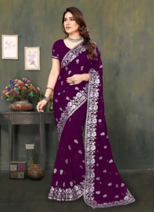 ইন্ডিয়ান প্রিমিয়াম জর্জেট এমব্রয়ডারি এবং এক্সক্লুসিভ স্টোন করা শাড়ি