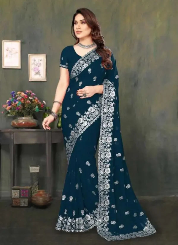 ইন্ডিয়ান প্রিমিয়াম জর্জেট এমব্রয়ডারি এবং এক্সক্লুসিভ স্টোন করা শাড়ি