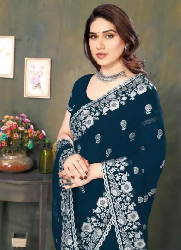 ইন্ডিয়ান প্রিমিয়াম জর্জেট এমব্রয়ডারি এবং এক্সক্লুসিভ স্টোন করা শাড়ি