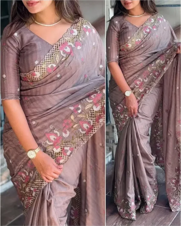 ইন্ডিয়ান হোয়াইট গোল্ড জর্জেট এমব্রয়ডারি করা শাড়ি