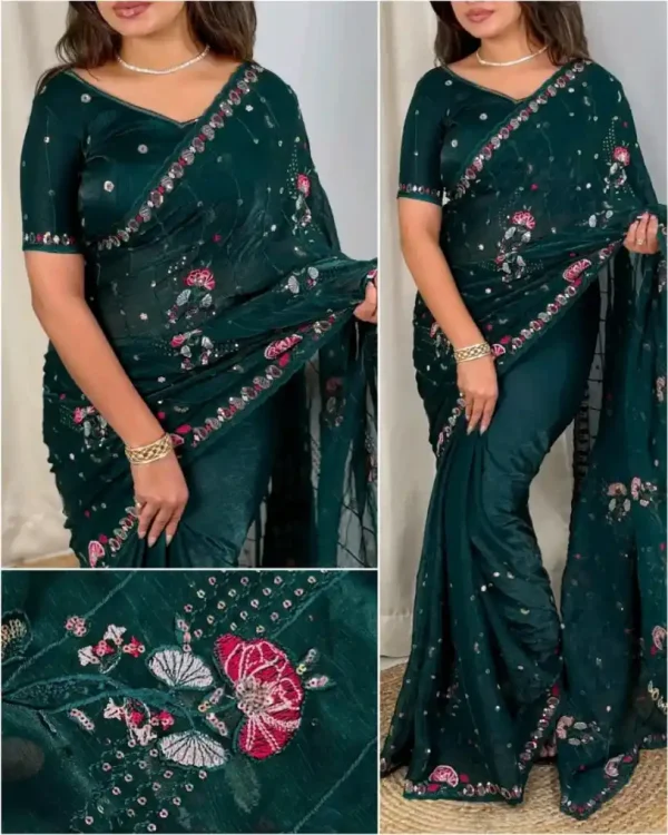 অরিজিনাল জিমি চু উচ্চমানের এমব্রয়ডারি ও সিকোয়েন্স ওয়ার্ক করা পার্টি শাড়ি